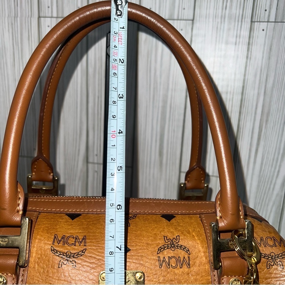 MCM Vintage Cognac Visetos Monogram Boston Satchel Bag with Gold Logo Plate - Picture 9 of 14